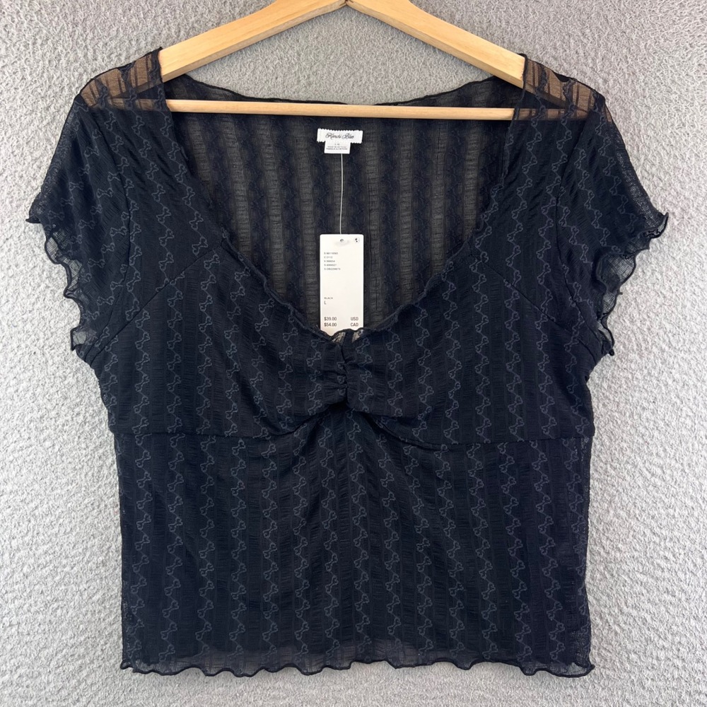 New Kimchi Blue Womens Top Black L Bow Pattern Mesh Short Sleeve Sweetheart